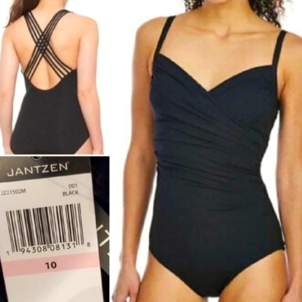 NWT Jantzen Crisscross Strap One Piece Bathing Suit 10 Black
